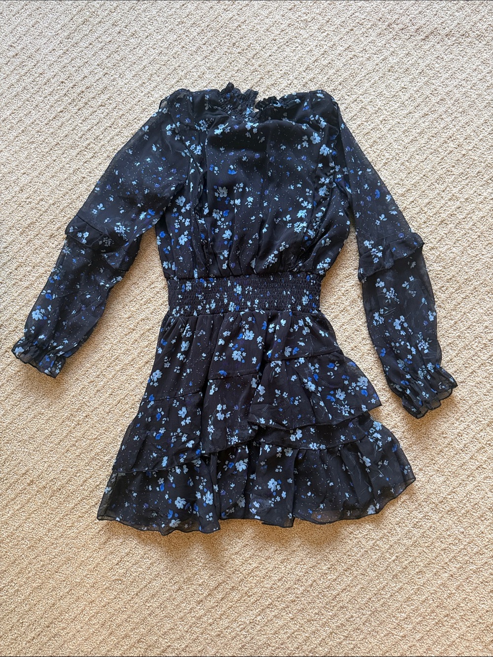 Girls' Black Floral Ruffle Long-Sleeve Dress